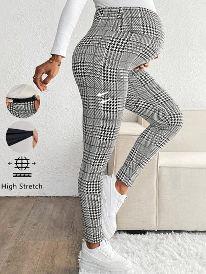 SHEIN Pregnant Women Houndstooth High Waist Casual Leggings, Versatile Daily Wear, For Maternity