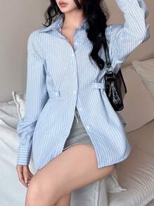 SHEIN LUNE Áo sơ mi nữ tay dài cài nút phía trước có cổ, eo thắt và họa tiết sọc - Màu xanh lam - Xem 6