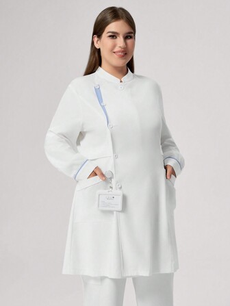 TaskEZ Vestito lungo con maniche lunghe per infermiera, con bottoni davanti, tasche e patch di colore unico, taglie forti