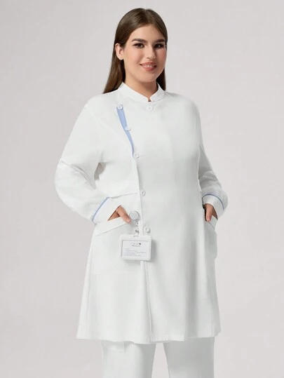 TaskEZ 大码女式前扣长袖口袋纯色拼布护士连衣裙