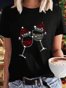 SHEIN Unity Women Casual Leopard Letter Print Short Sleeve Black T-Shirt, Summer Graphic Tees Women Tops - Black - View 3