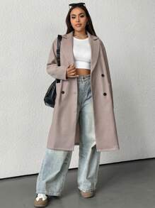 SHEIN EZwear Áo khoác ngoài hai hàng khuy trơn màu cỡ lớn, thường ngày mùa thu/đông - Màu Khaki - Xem 3