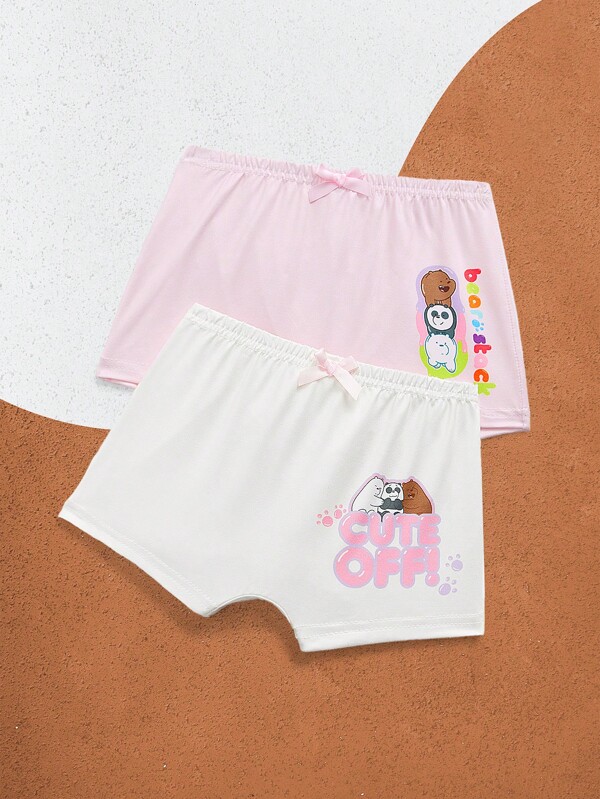 We Bare Bears X SHEIN Young Girl 2pcs Cute Cartoon Bear & Letter Print Bow Decor Comfortable Boxer Brief