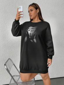 SHEIN EZwear Plus Size Winter Round Neck Long Sleeve Printed Minimalist Short Dress - Black - View 6
