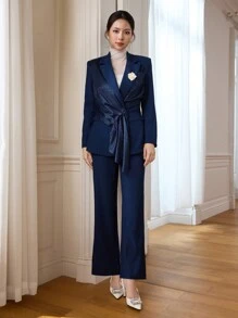 Modelyn Women's Navy Blue Patchwork Leopard Jacquard Suit Set, Professional And Chic, Autumn/Winter 2 Pieces Set