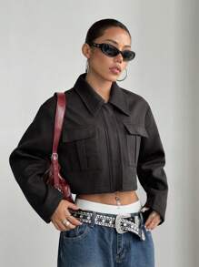 Lunelith SHEIN Lunessa Women's Solid Color Front Zipper Long Sleeve Pocket Minimalist Blouse, Casual Daily Wear