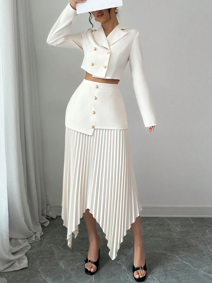 Selianne 2 件套女士西装外套领子收褶腰线纽扣式褶皱不对称优雅服装 - 米色 - 查看 1