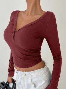 DAZY V-Neck Half Zip-Up Button Arc Hem Fitted Long Sleeve Women T-Shirt - Burgundy - View 3