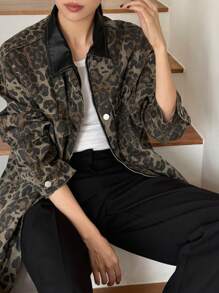 DAZY Women's Autumn Casual Leopard Print Zip-Up Loose Denim Jacket Cheetah Print