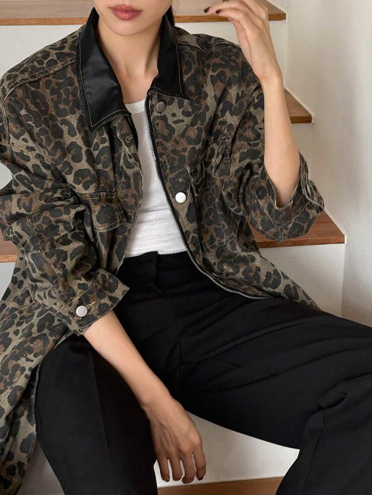 Women's Autumn Casual Leopard Print Zip-Up Loose Denim Jacket Cheetah Print