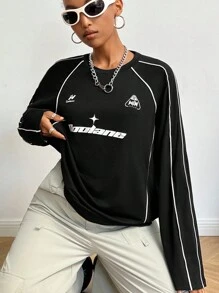 SHEIN EZwear Women's Fall Streetwear Basic Casual Knit Letter Print Stretchy Banded Texture Decoration	Comfy Black Over Size Round Neck Raglan Sleeve Long Sleeve T-Shirt Football Jersey ,Couple Same Style