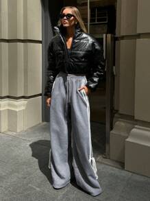 Aloruh Women's Solid Color Patchwork Front Tie Waist Casual Pocket Pants - Grey - View 7