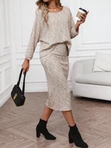 SHEIN LUNE Set de 2 piezas con top de manga larga y falda casual y cómodo, adecuado para otoño/invierno