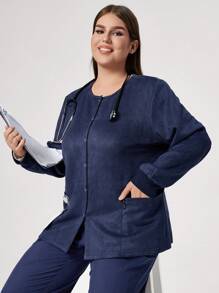 TaskEZ معطف زي السكرب ذو أكمام طويلة وجيب أمامي وأزرار أمامية وياقة مستديرة، باللون الأحادي، سايز كبير