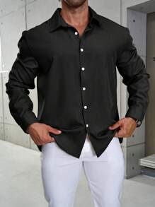 Manfinity Homme 大码男士纯色长袖单排扣休闲衬衫，秋季 - 黑色 - 查看 3