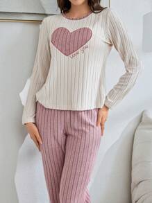 2pcs Soft Fleece Sweet Heart Embroidery Top & Pants Pajama Set, Autumn/Winter  Cozy And Elegant Details, Fall Winter Clothes