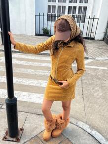 SHEIN 少女前拉链长袖简约短款休闲连衣裙 - 棕色 - 查看 8