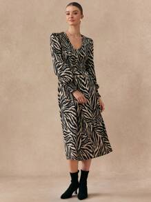 Chiquease Robe décontractée à manches lanternes à imprimé zébré pour femmes, automne - Multicolore - Voir 4