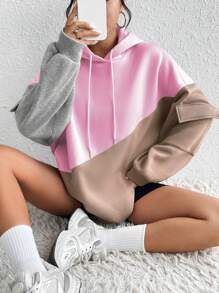 Flirla Women's Solid Color Splice Long Sleeve Pocket Minimalist Hoodie Sweatshirt