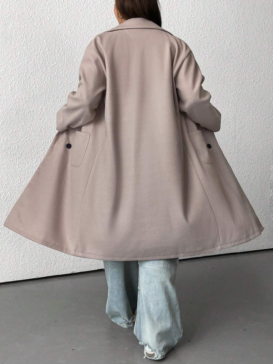 SHEIN EZwear Áo khoác ngoài hai hàng khuy trơn màu cỡ lớn, thường ngày mùa thu/đông - Màu Khaki - Xem 1