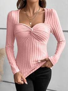 Calvaya Elegante effen kleur T-shirt met lange mouwen en sweetheart hals, voor dames, herfst