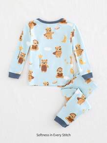 Cozy Pixies 2 件装男婴卡通熊图案条纹柔软针织圆领长袖上衣和裤子贴身睡衣套装