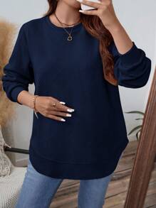 EMERY ROSE Plus Size Solid Crew Neck Long Sleeve Sweatshirt For Autumn/Winter Holiday - Navy Blue - View 4