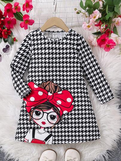 SHEIN 年轻女孩格子印花可爱女孩图案超大休闲针织连衣裙，适合圣诞节
