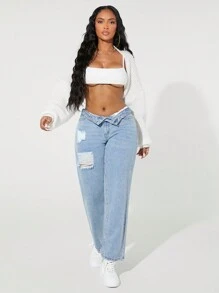 SHEIN SXY Women Button Front Pocket Distressed Casual Denim Jeans, Everyday Wear