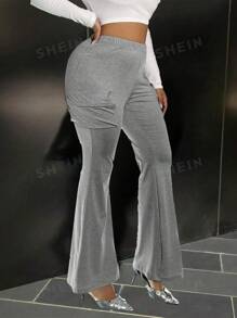 Maweii Plus Size Casual Solid Color Skinny Flare Leg Pants Fall Cloth For Women - Grey - View 3