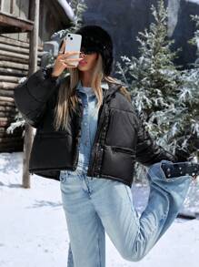 Femmeiva French Style Ins New Women's Denim Short Puffer Jacket With Thick Collar, Loose Fit, Winter Clothes - Black - View 4