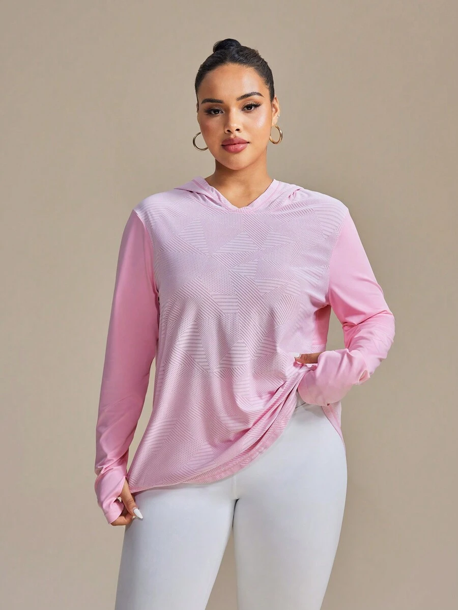 Easithlete 加大码拇指孔条纹立领长袖套头连帽衫瑜伽运动衫 - 粉色 - 查看 1