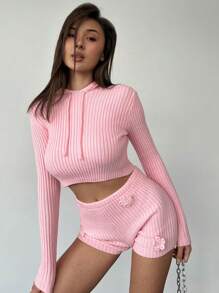 Aloruh 2pcs/Set New Pink Warm Hooded Cardigan Sweater & Shorts Set, Versatile For Indoor & Outdoor Wear - Pink - View 4