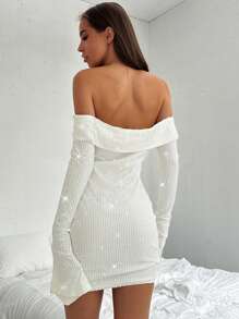 Aloruh Elegant Sequin Off-Shoulder Trumpet Sleeve Fitted Christmas Party Dress, For Autumn & Winter - White - View 5