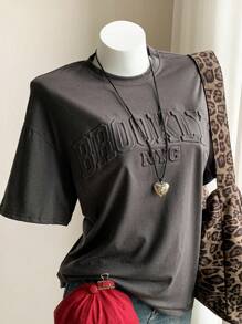 Comfortcana Letter Embossed Drop Shoulder Baggy Tee - Dark Grey - View 6