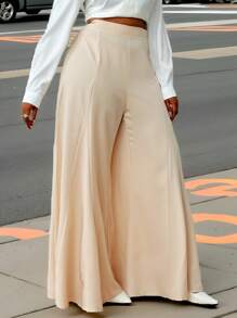 Maweii Plus Size Solid Color Casual Wide Leg Pants - Apricot - View 5