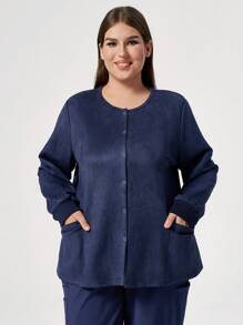 TaskEZ معطف زي السكرب ذو أكمام طويلة وجيب أمامي وأزرار أمامية وياقة مستديرة، باللون الأحادي، سايز كبير