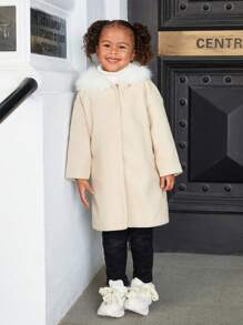 SHEIN 女童宽松休闲连帽外套，带毛绒拼接 - 卡其色 - 查看 3