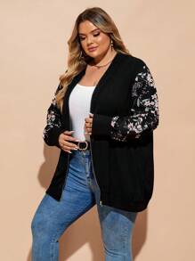 SHEIN CURVE+ Curve Plus Size Flower Printed Zipper Jacket