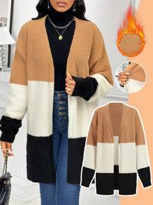 SHEIN Lady Women's Black And Cream Fuzzy Sweater Cardigan,Contrast Color Wide Stripe Long Sleeve Casual Commuting Outfits For Autumn,Winter Occasion Clothes - Multicolor - View 3