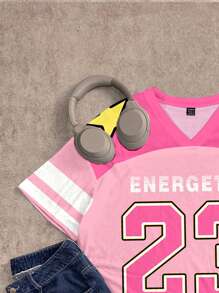 SHEIN EZwear Casual Street Style Pink Colorblock Big Number Print V-Neck Oversized Short Sleeve T-Shirt For Women, Summer
