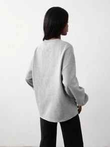 Flirla 1pc Women Gray Casual Round Neck Half-Zip Loose Long Sleeve Hoodie Sweatshirt For Autumn/Winter