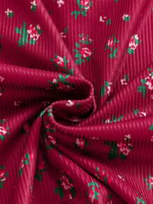 2pcs/Set Pre-Teen Girls Solid Red Floral Allover Print Ruffle Trim Long Sleeve Top And Pants Pajama Set - Red - View 4