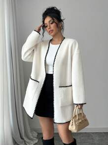 Selianne 女士优雅纯色撞色饰边 V 领夹克