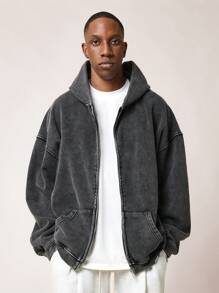 SUMWON 超大版型基本款拉链优质水洗连帽衫 - 黑色 - 查看 2