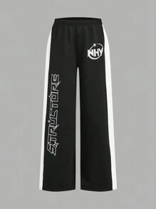 SHEIN سراويل رياضية ذات قدم واسعة للفتيات المراهقات للخريف/الشتاء للأوقات المريحة في المدرسة - أبيض وأسود - مشاهدة 4