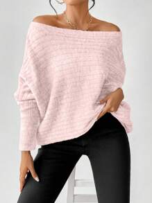 SHEIN LUNE Áo len nữ cổ tròn tay dài màu hồng tối giản, kiểu dáng thường ngày, thích hợp mặc vào mùa thu đông. - Hồng - Xem 7