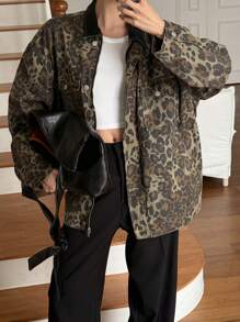 DAZY Women's Autumn Casual Leopard Print Zip-Up Loose Denim Jacket Cheetah Print