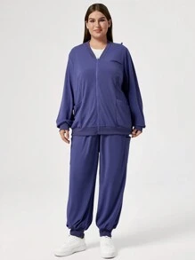 TaskEZ Conjunto de uniforme de pantalón y blusa de unicolor con bolsillo con cremallera, conjunto de ropa de trabajo de otoño para tallas grandes - Azul - Ver 4