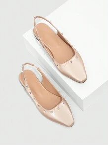 CUCCOO CHICEST Champagne Elegant Rhinestone Rivet Slip-On Soft Women's Backless Flat Shoes - Champagne - View 2